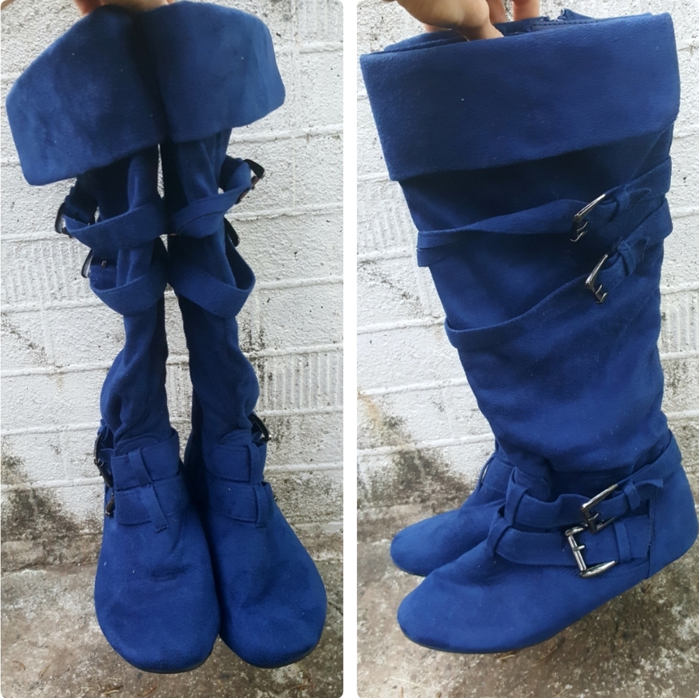 Blue Microsuede Knee•High•Slouch Boots